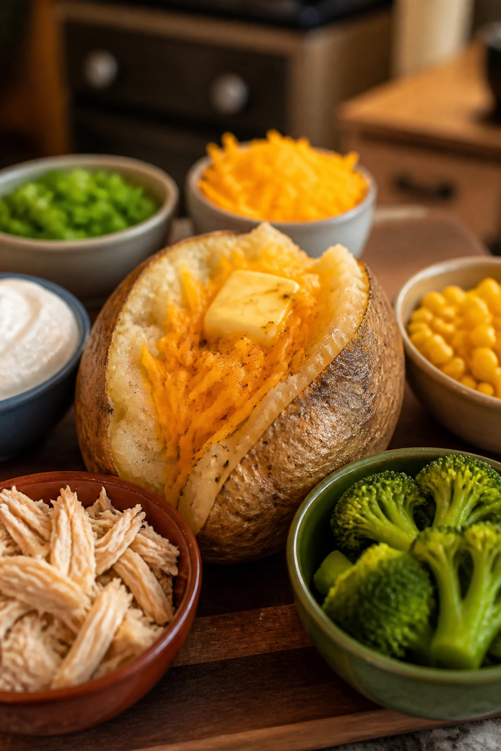 Close-up of a baked potato with toppings and small bowls on a wooden board