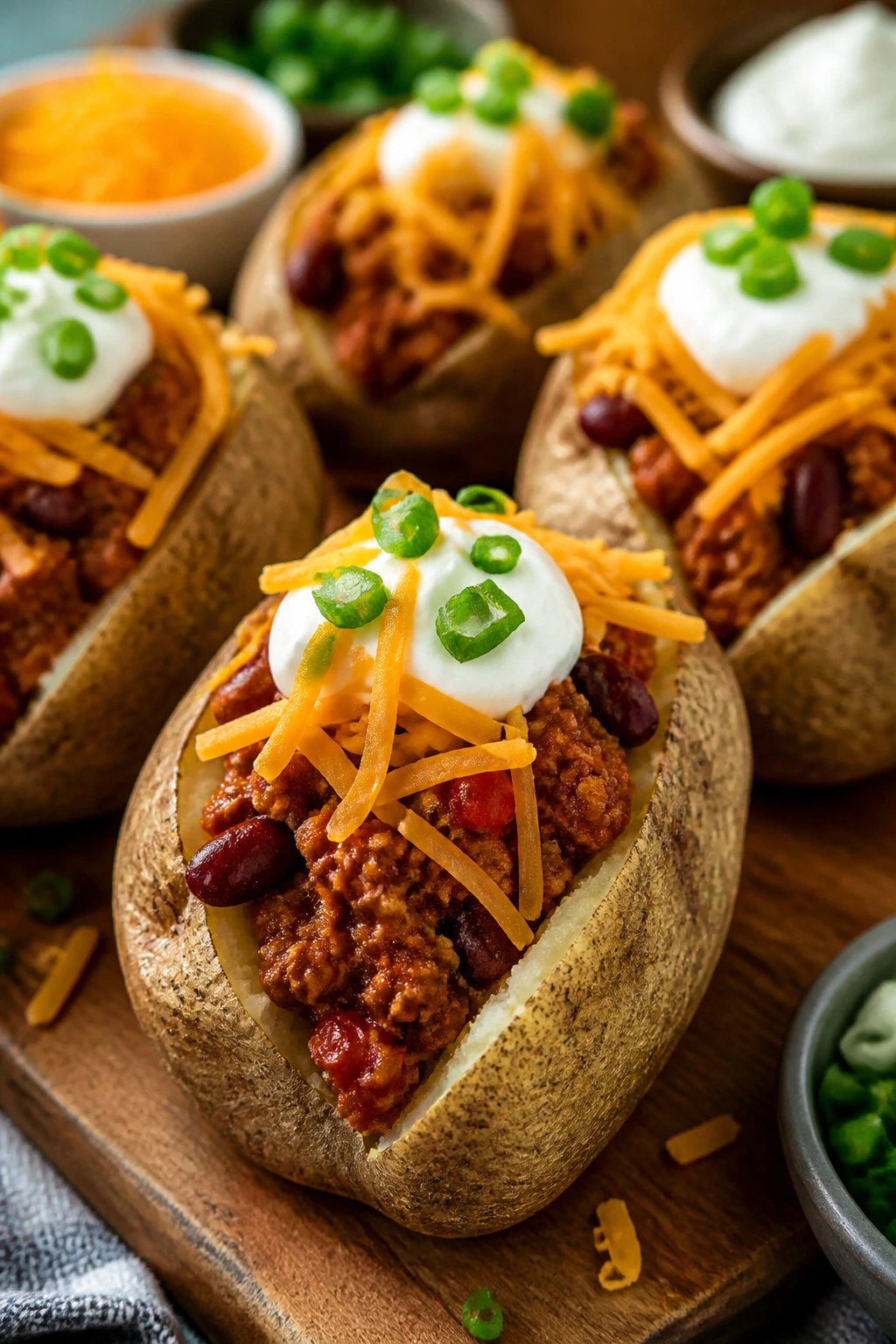 Close-up of loaded baked potatoes topped with turkey chili and cheese