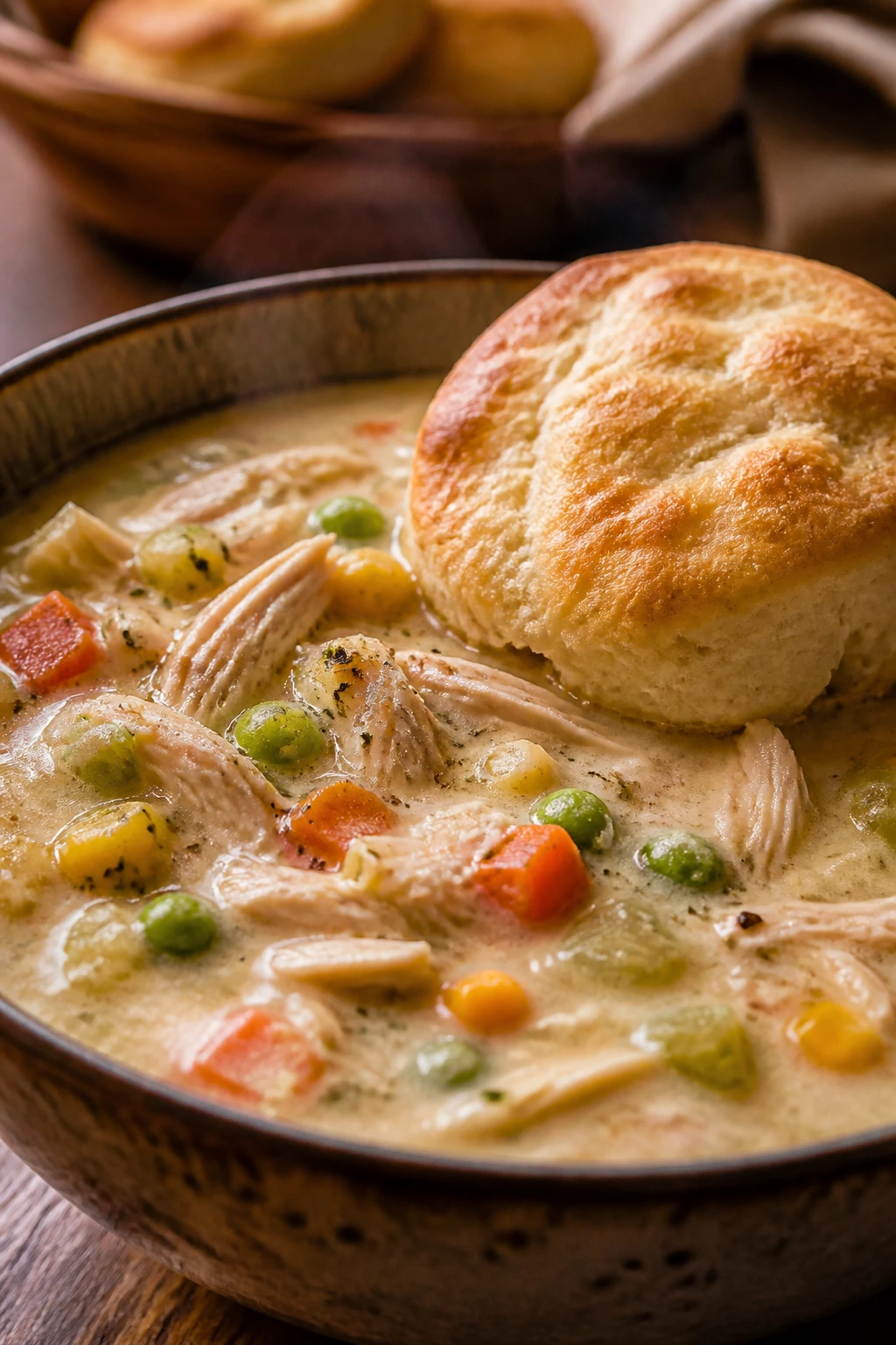 Close-up of creamy chicken pot pie soup with a biscuit in a rustic kitchen