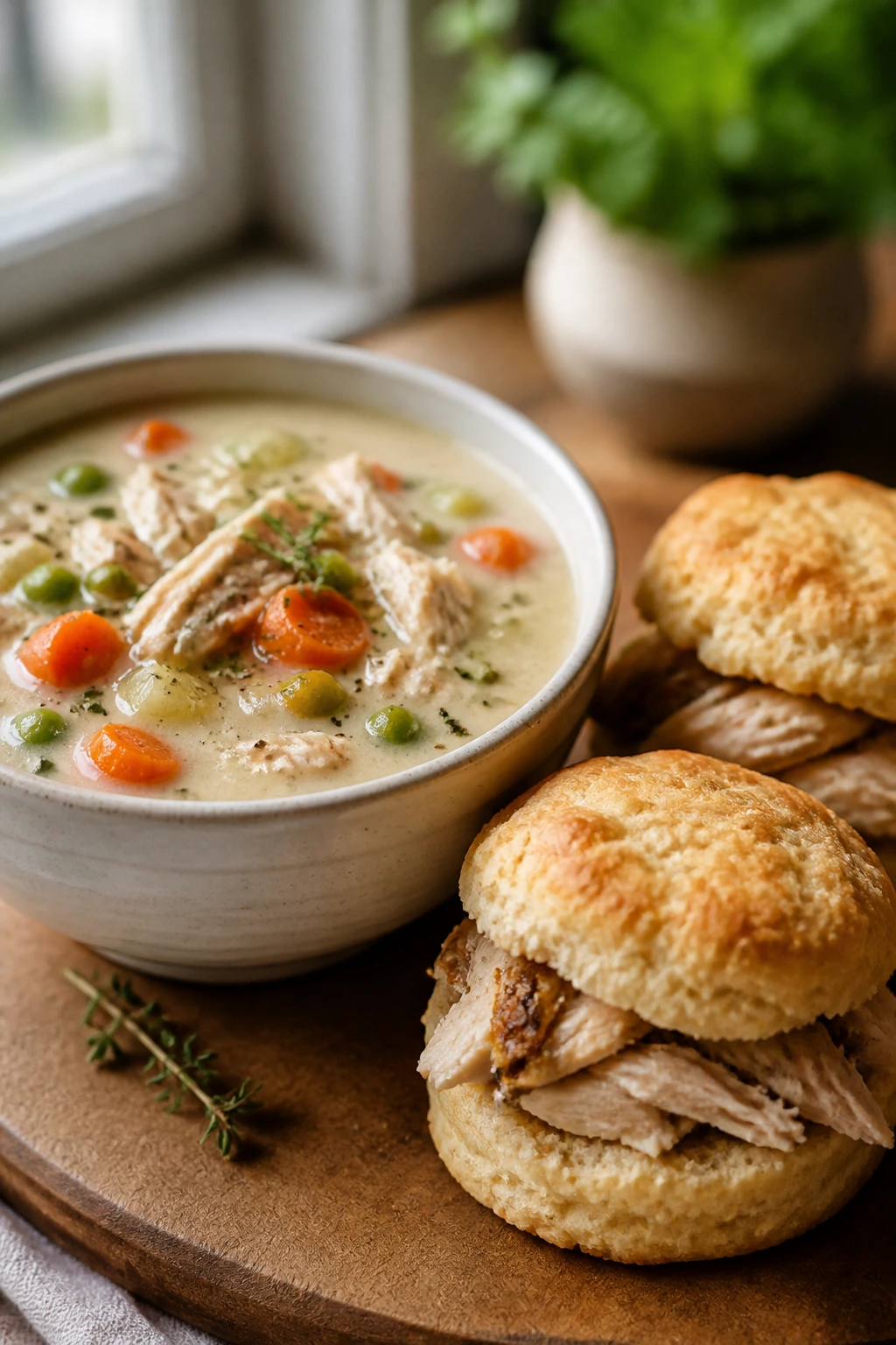 Close-up of creamy chicken pot pie soup with flaky biscuit chicken sandwiches on a rustic board