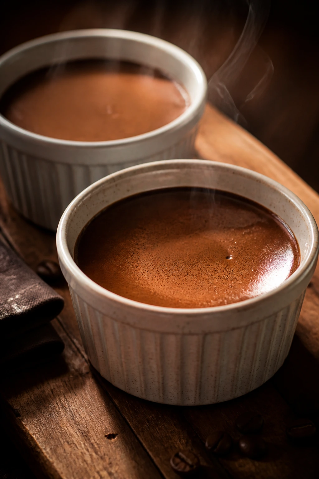 Two ramekins of espresso pots de creme on wood