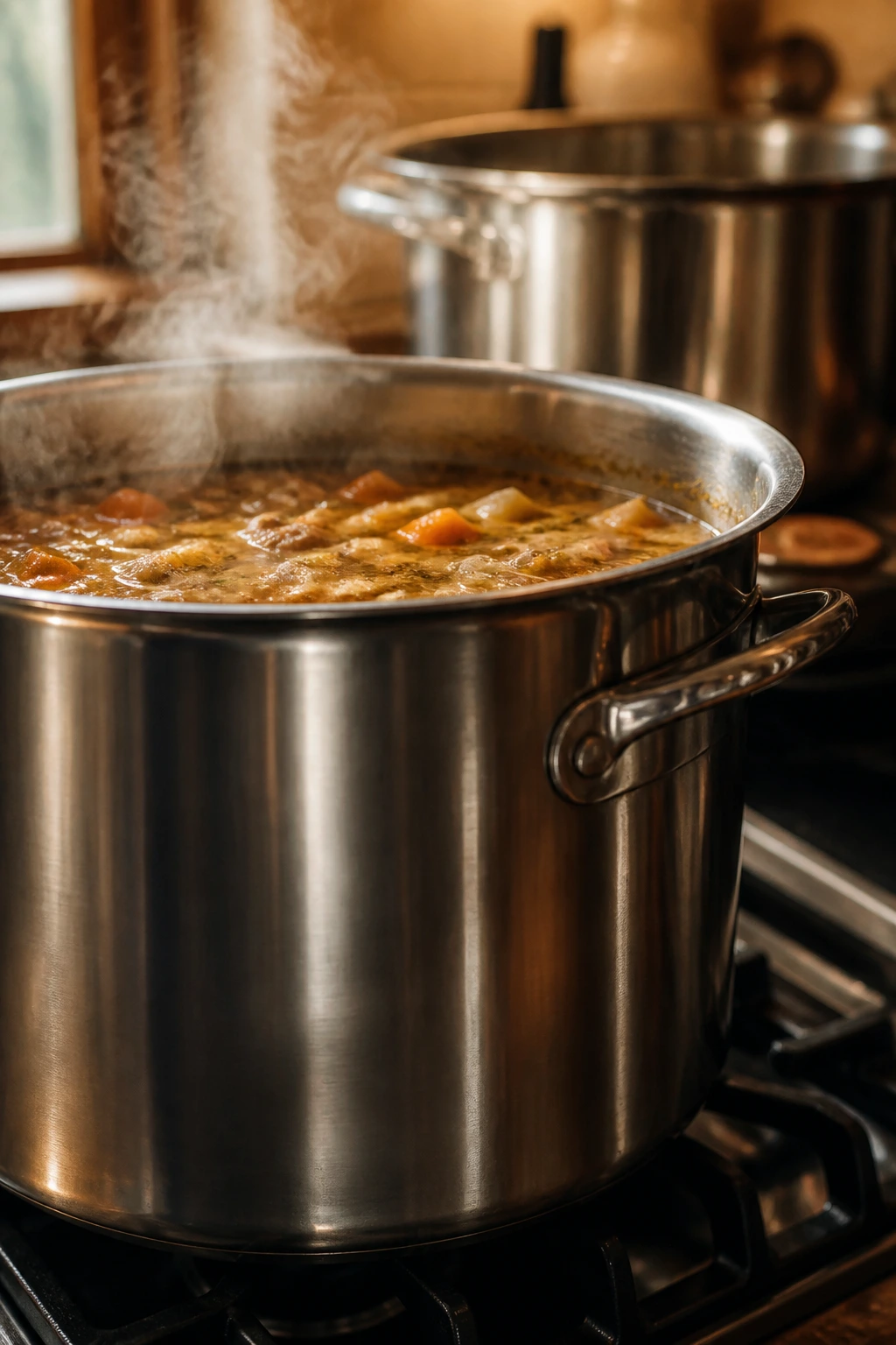 Close-up of a large stockpot steaming on a kitchen stove