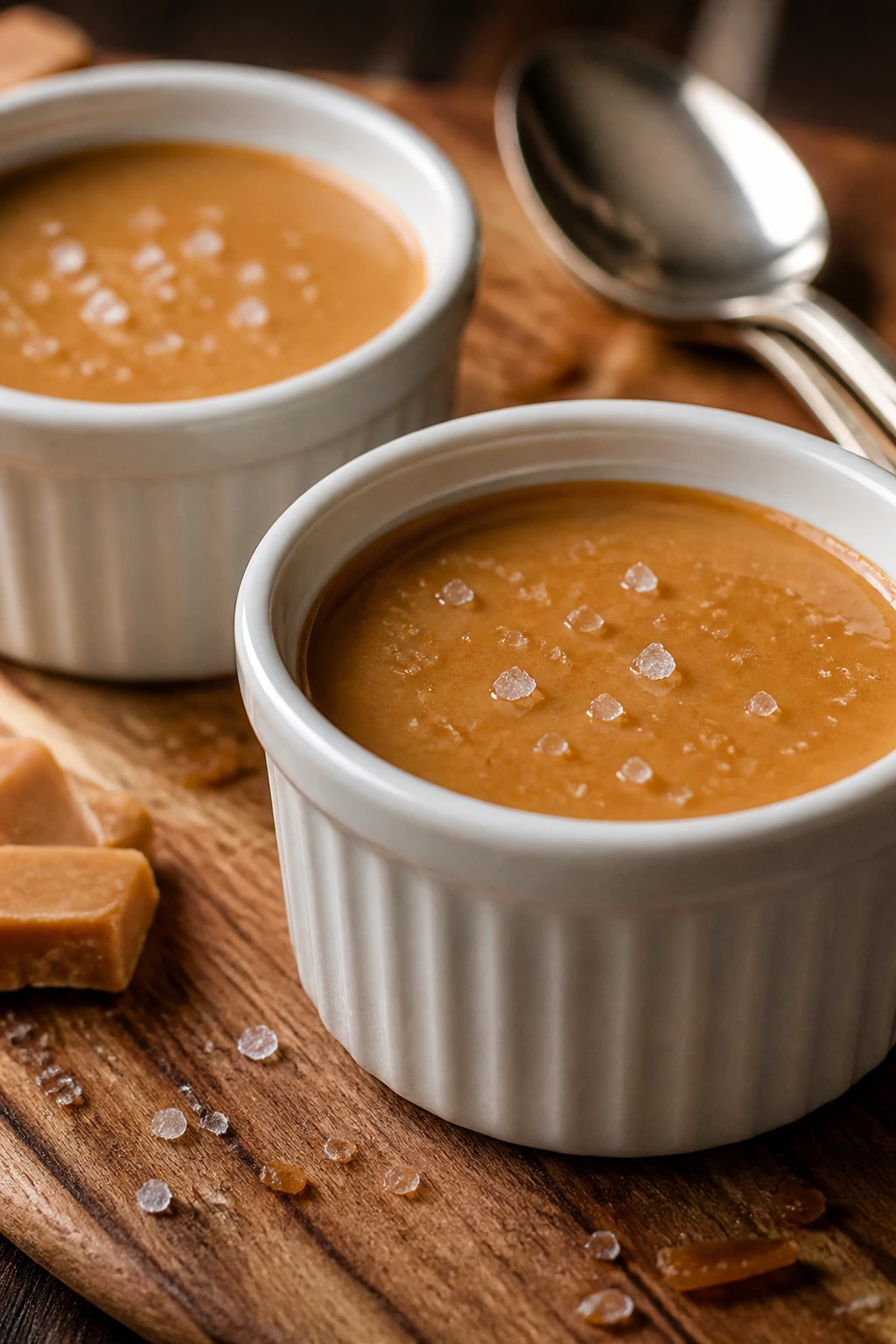 Ramekins of salted caramel pots de creme on wooden board