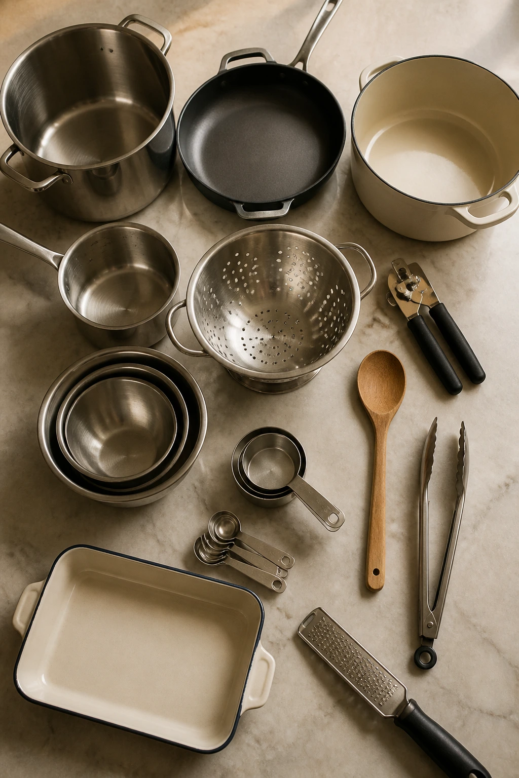 Collection of essential kitchen tools on a counter.