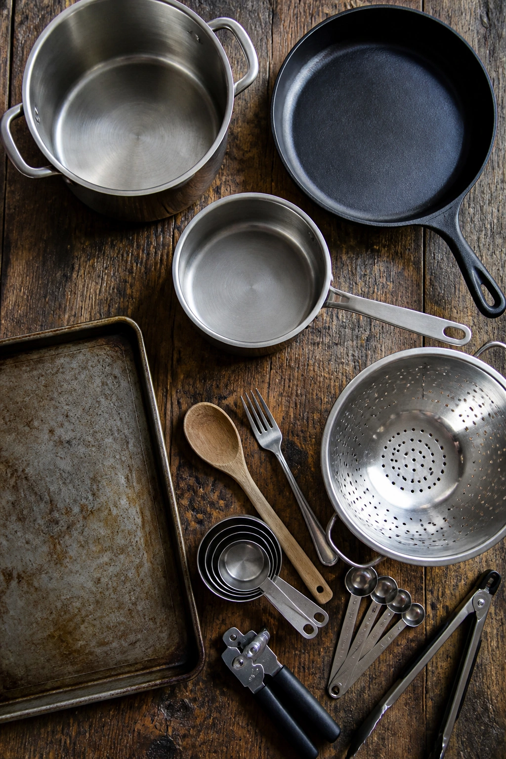 Top-down close-up of essential kitchen tools on wood counter