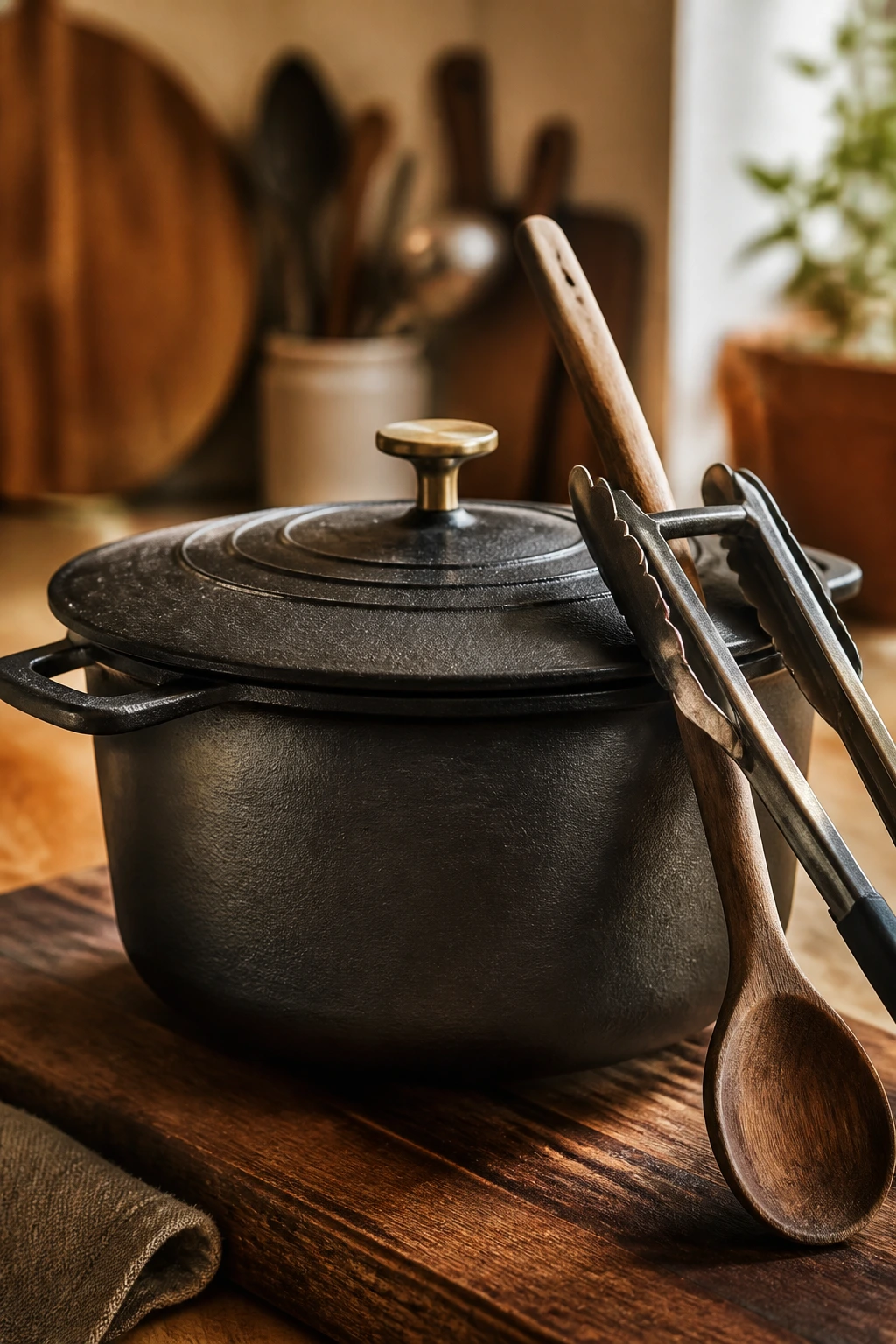 Dutch oven with tongs and wooden spoon on kitchen counter