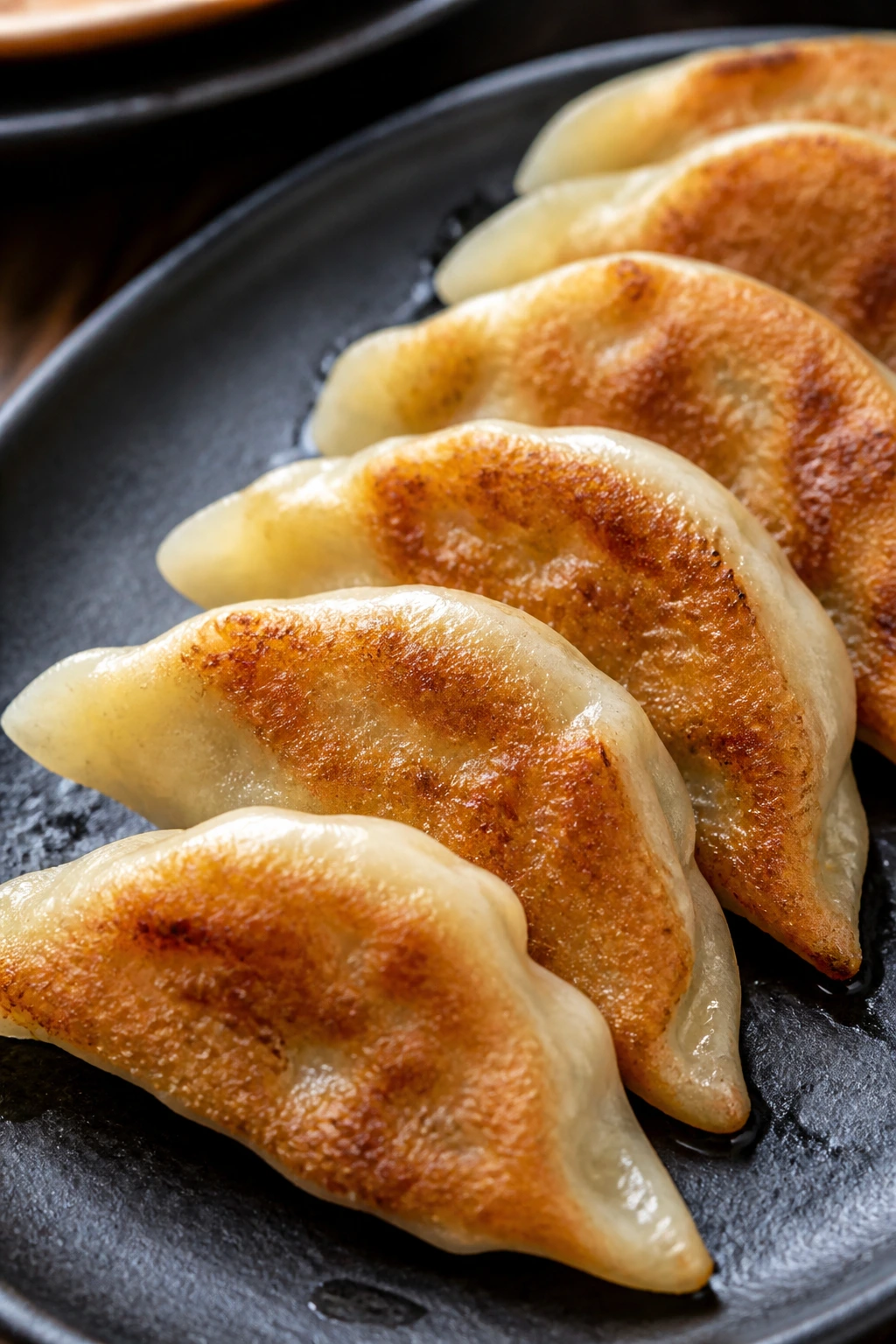 Crispy pan-fried potstickers on plate