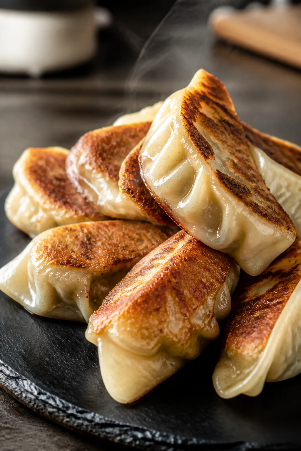 Crispy bottom pork and cabbage potstickers on slate plate