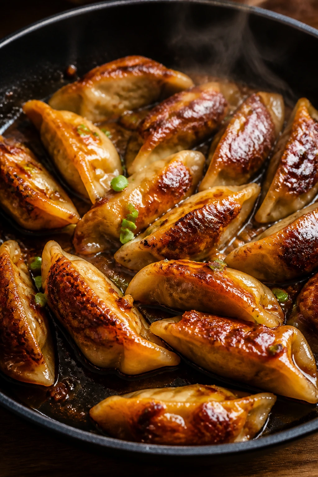 Skillet potstickers glazed with teriyaki in a pan