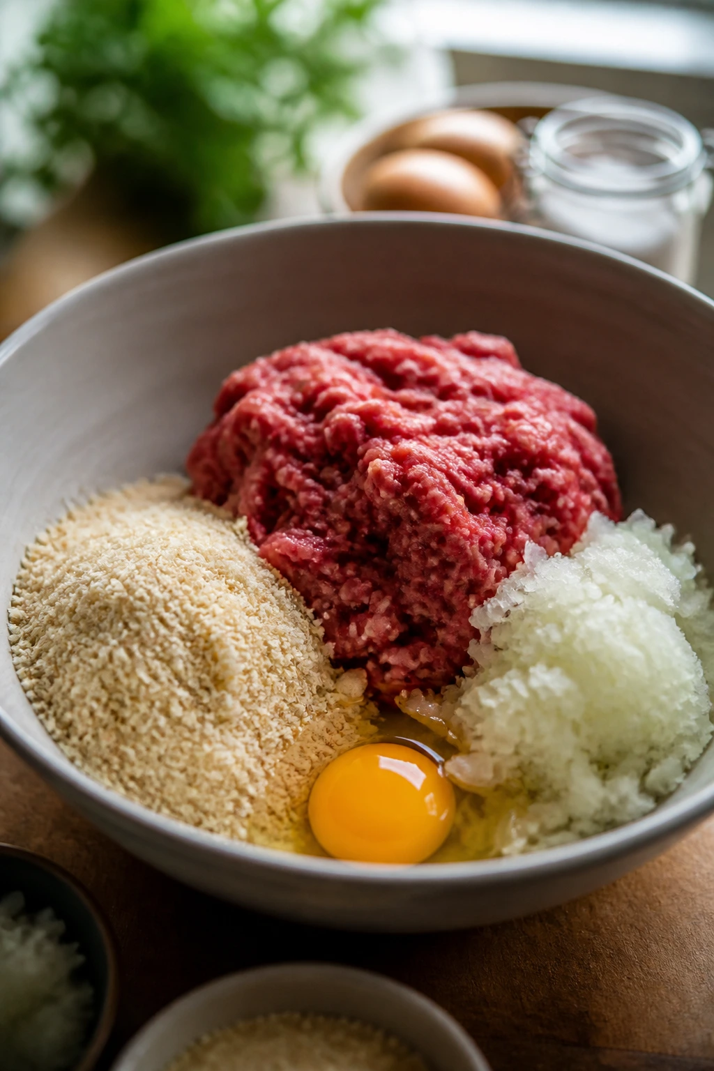 Mixing bowl with beef, breadcrumbs, onion, and egg illustrating the 1-pound formula