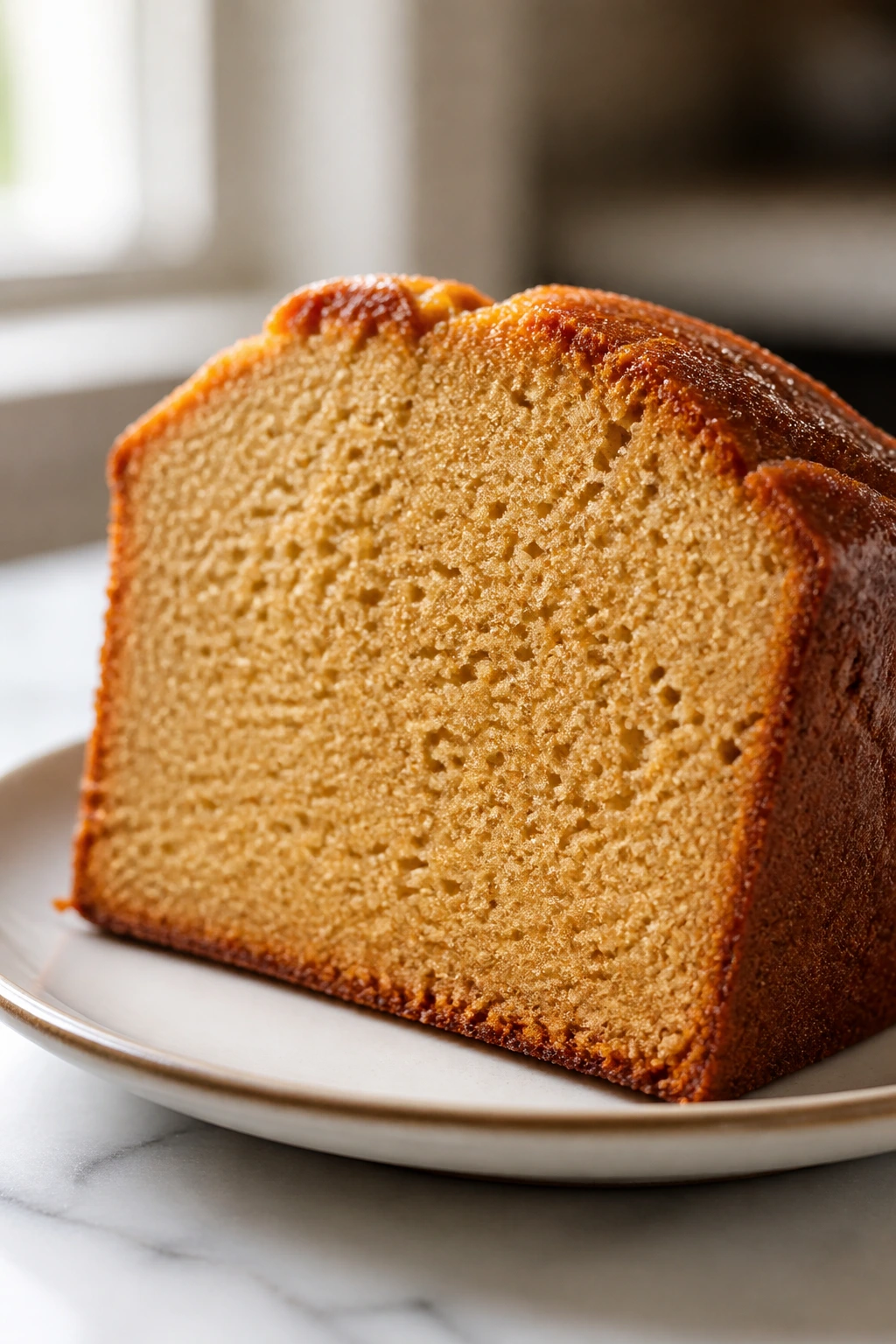 Thick slice of brown sugar pound cake with a moist crumb on a plate.