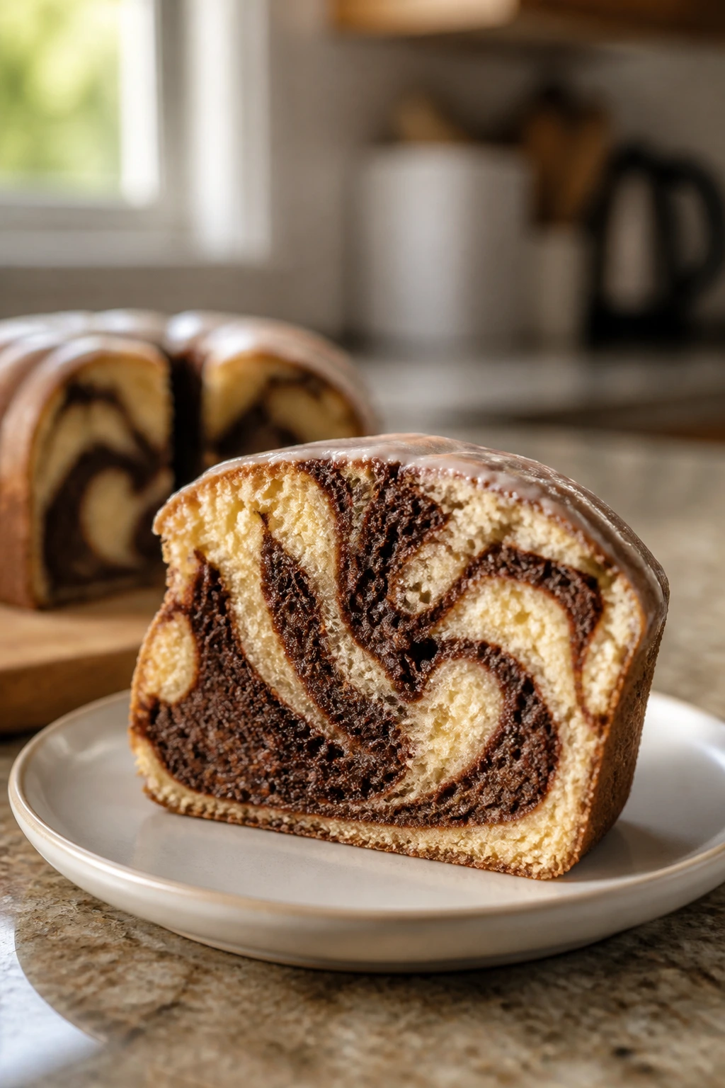 Slice of cocoa marble pound cake on plate