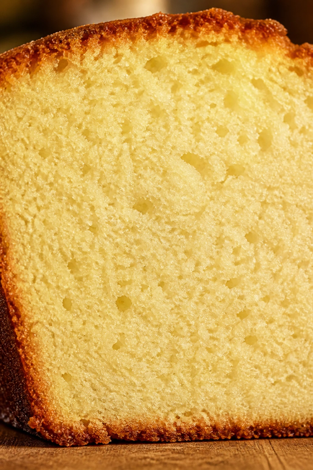 Cross-section of tender pound cake crumb with fine texture