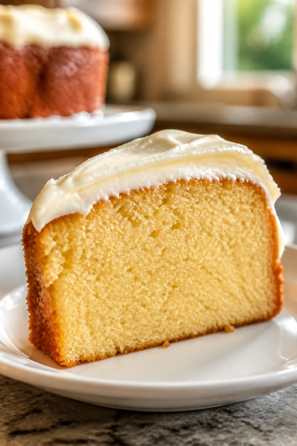 Close-up of a moist pound cake slice with cream cheese frosting in warm kitchen light