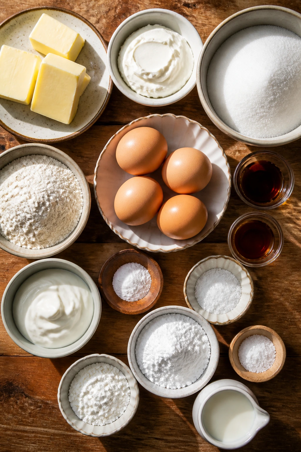 Top-down view of butter, cream cheese, sugar, eggs on a wooden counter