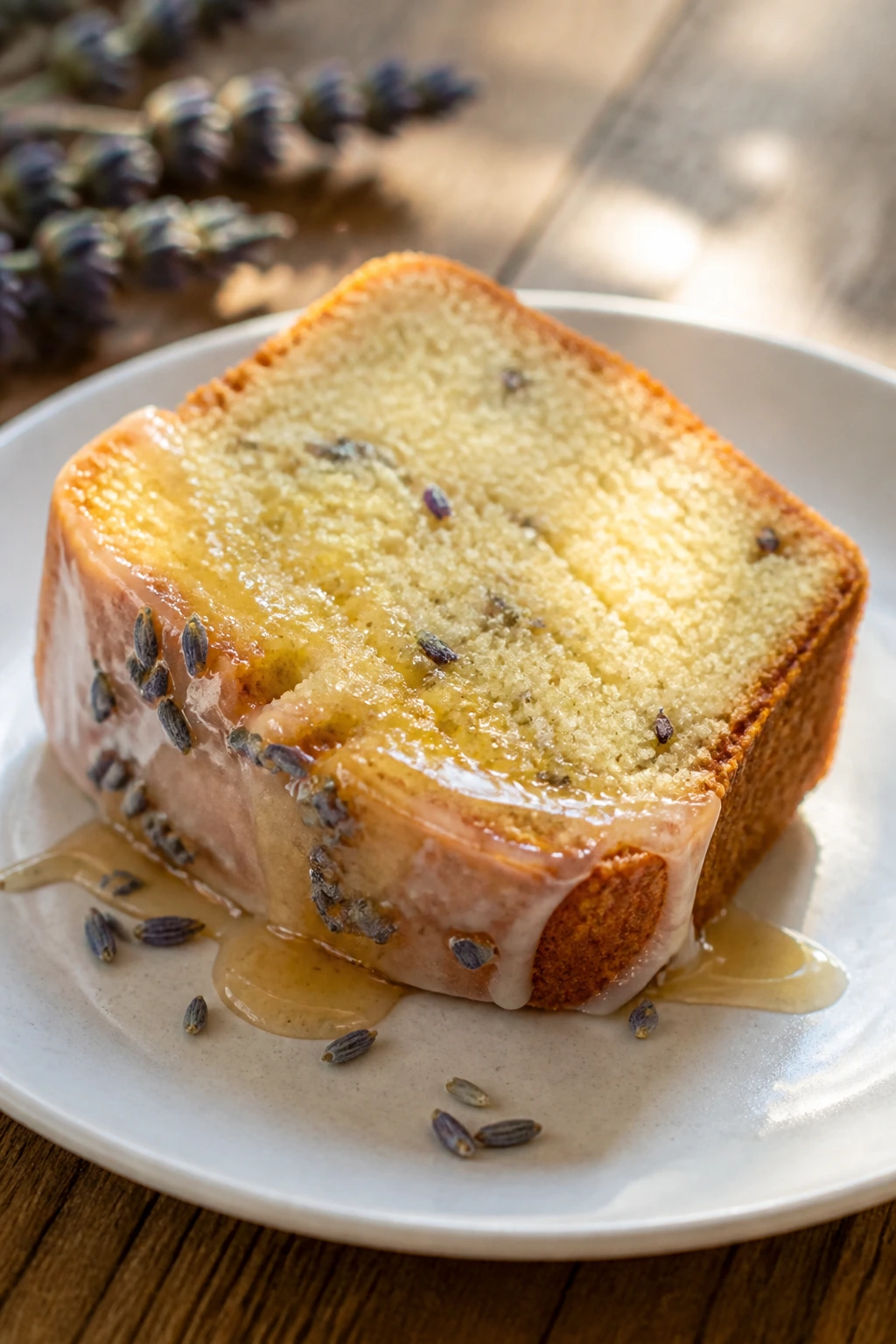 Slice of honey lavender pound cake with lavender flecks on plate