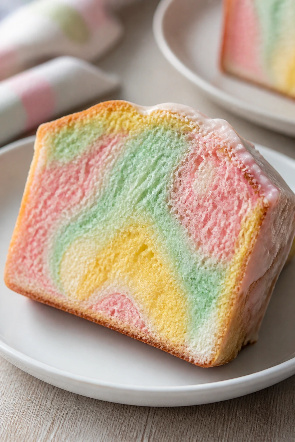 Slice of pastel marble pound cake showing pastel swirls on a plate