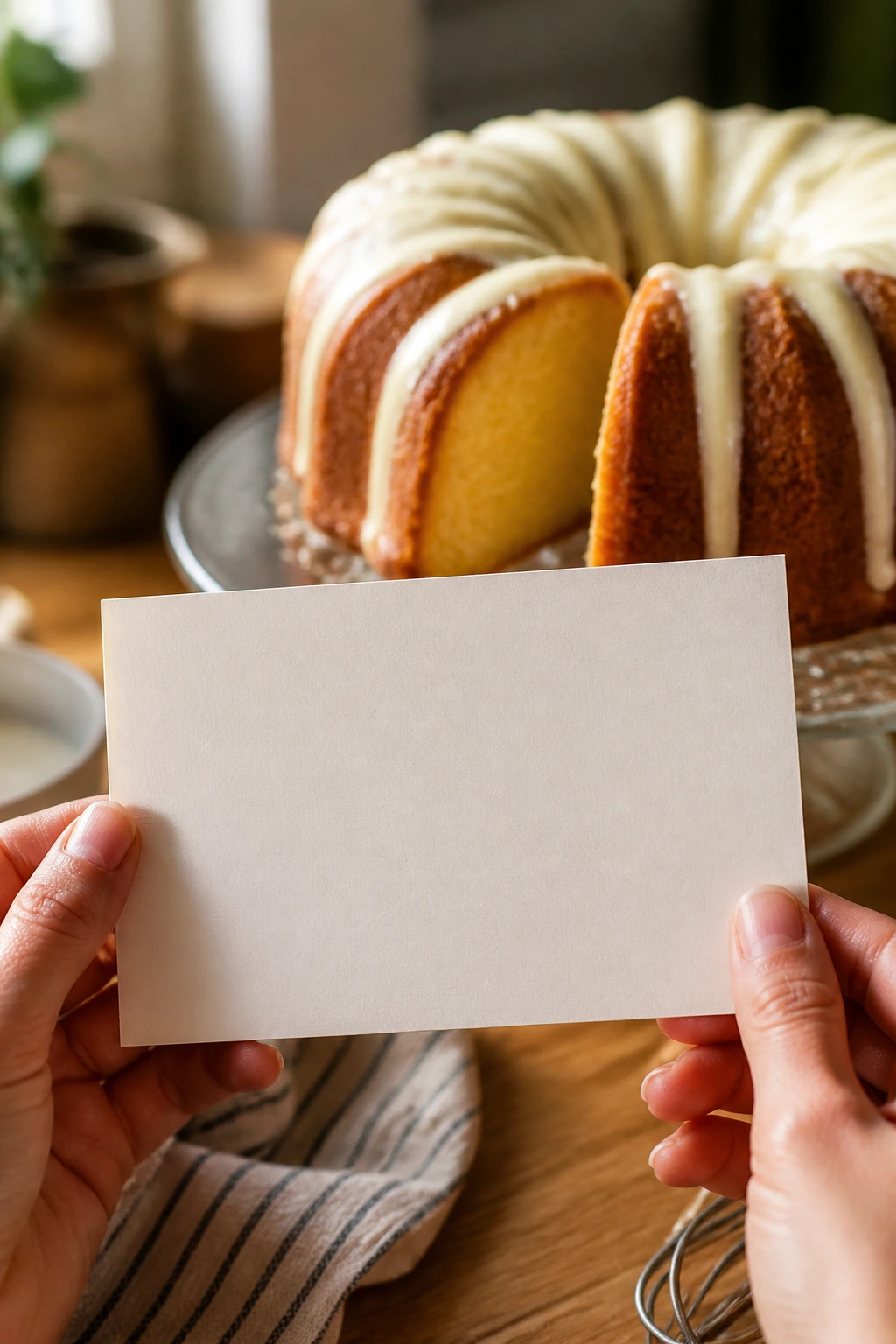 Hands holding a blank recipe card with a pound cake in the background