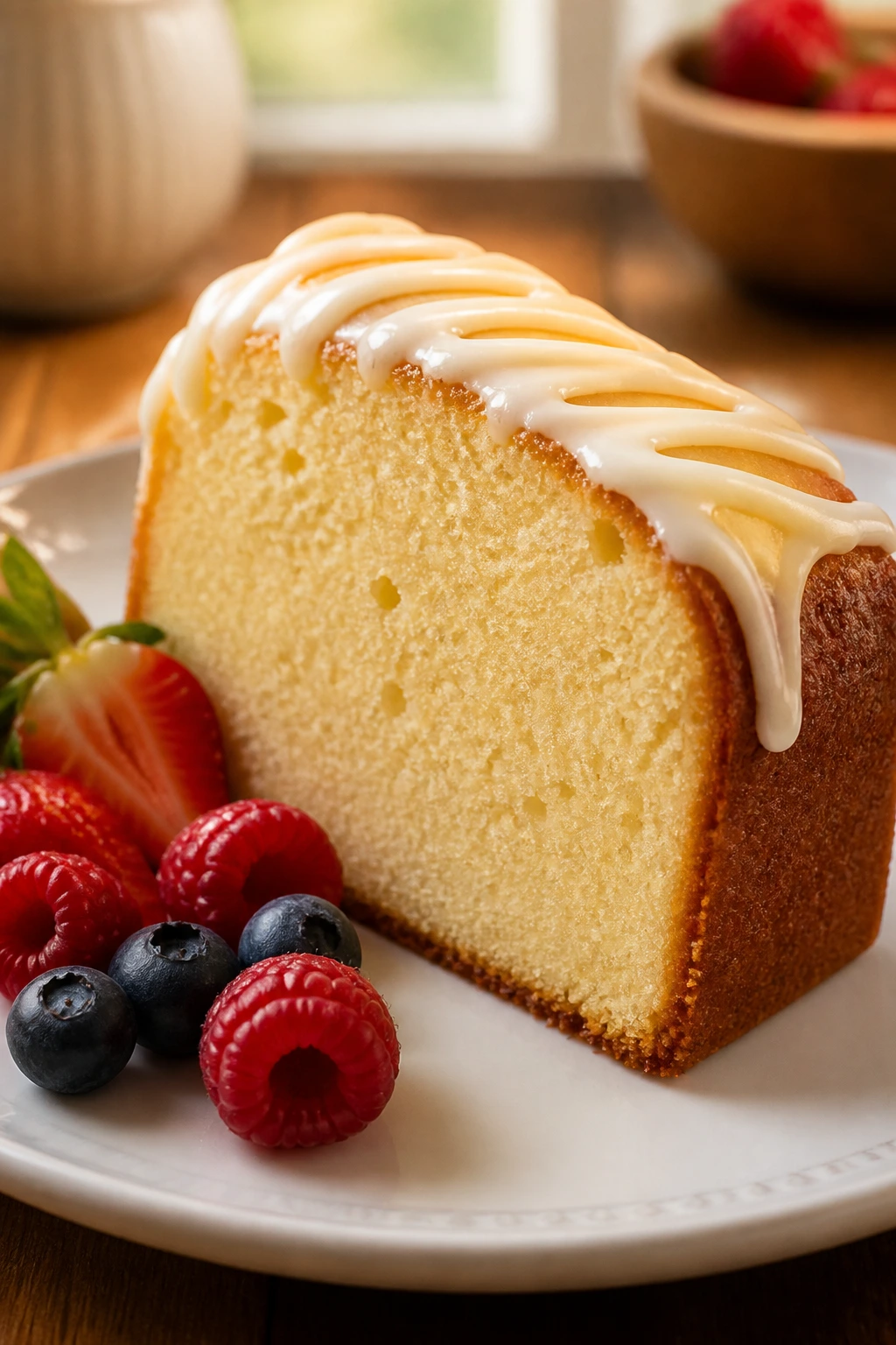 Slice of pound cake on plate with frosting and berries