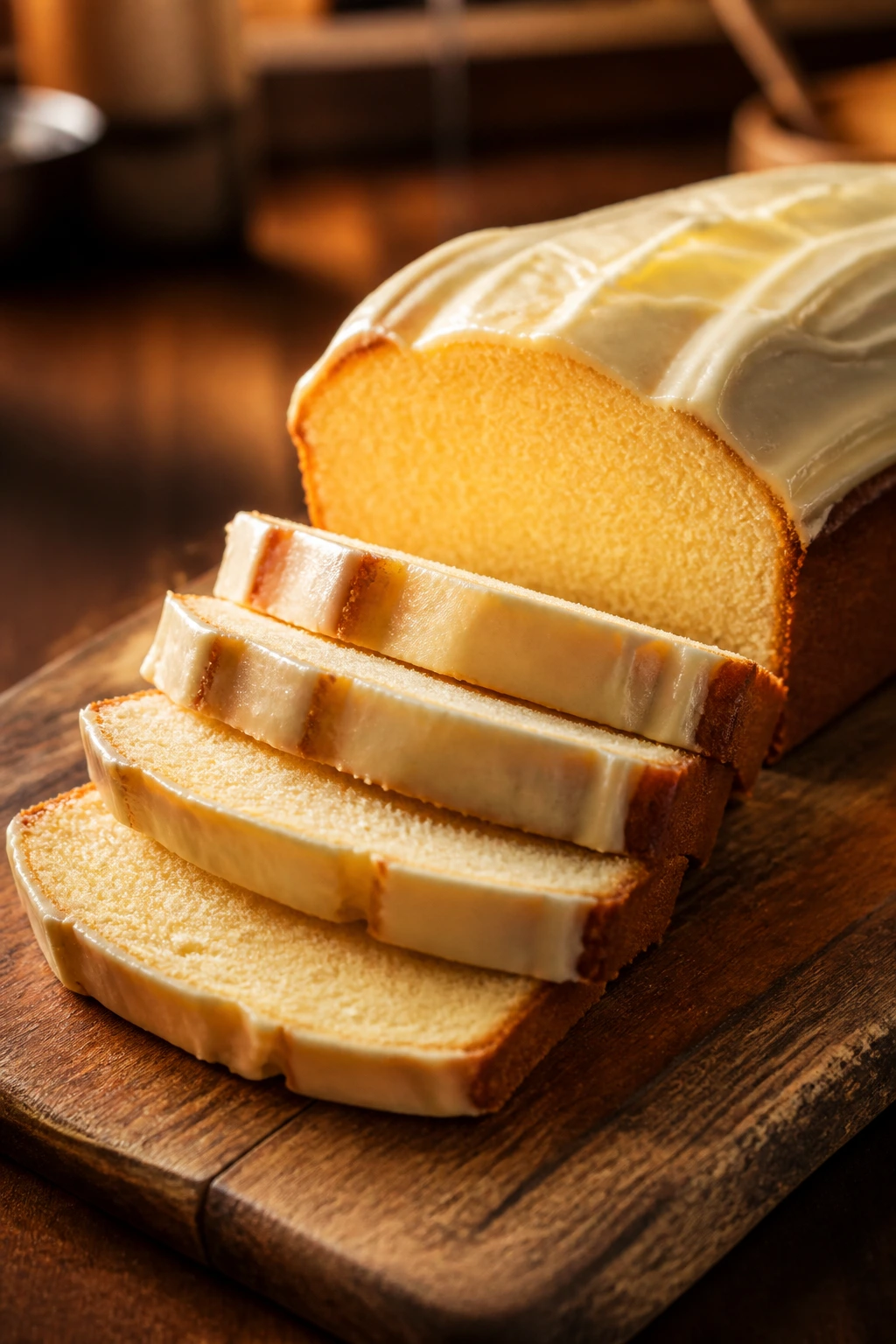 Neatly sliced pound cake on a wooden board in warm kitchen light