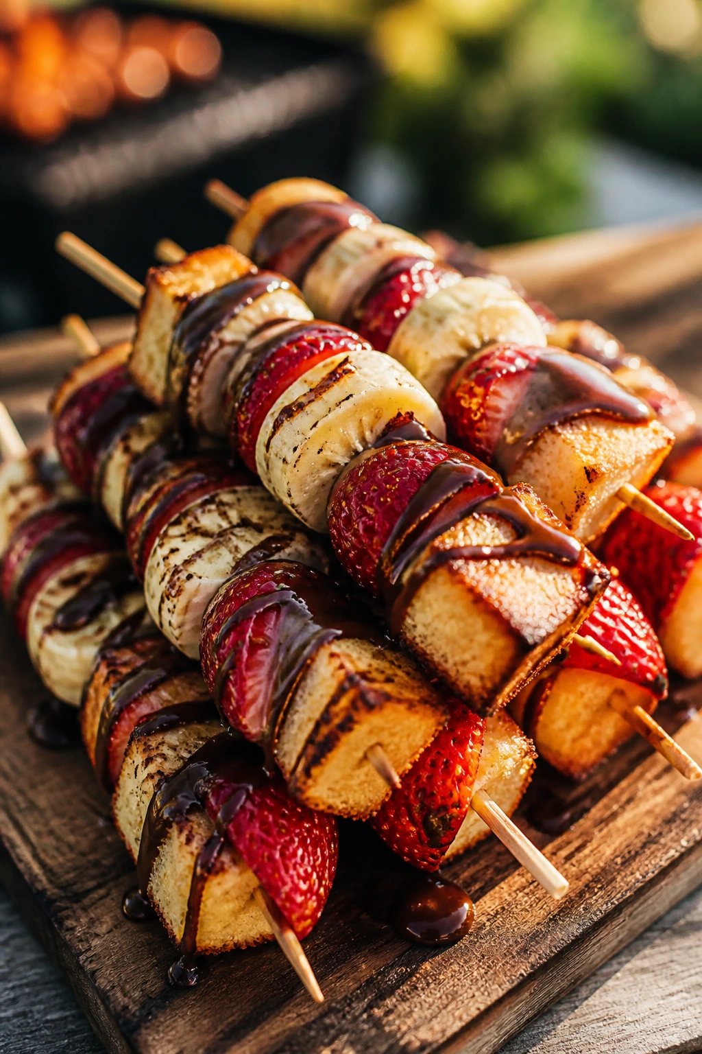 Close-up of pound cake kebabs with chocolate sauce on a rustic board