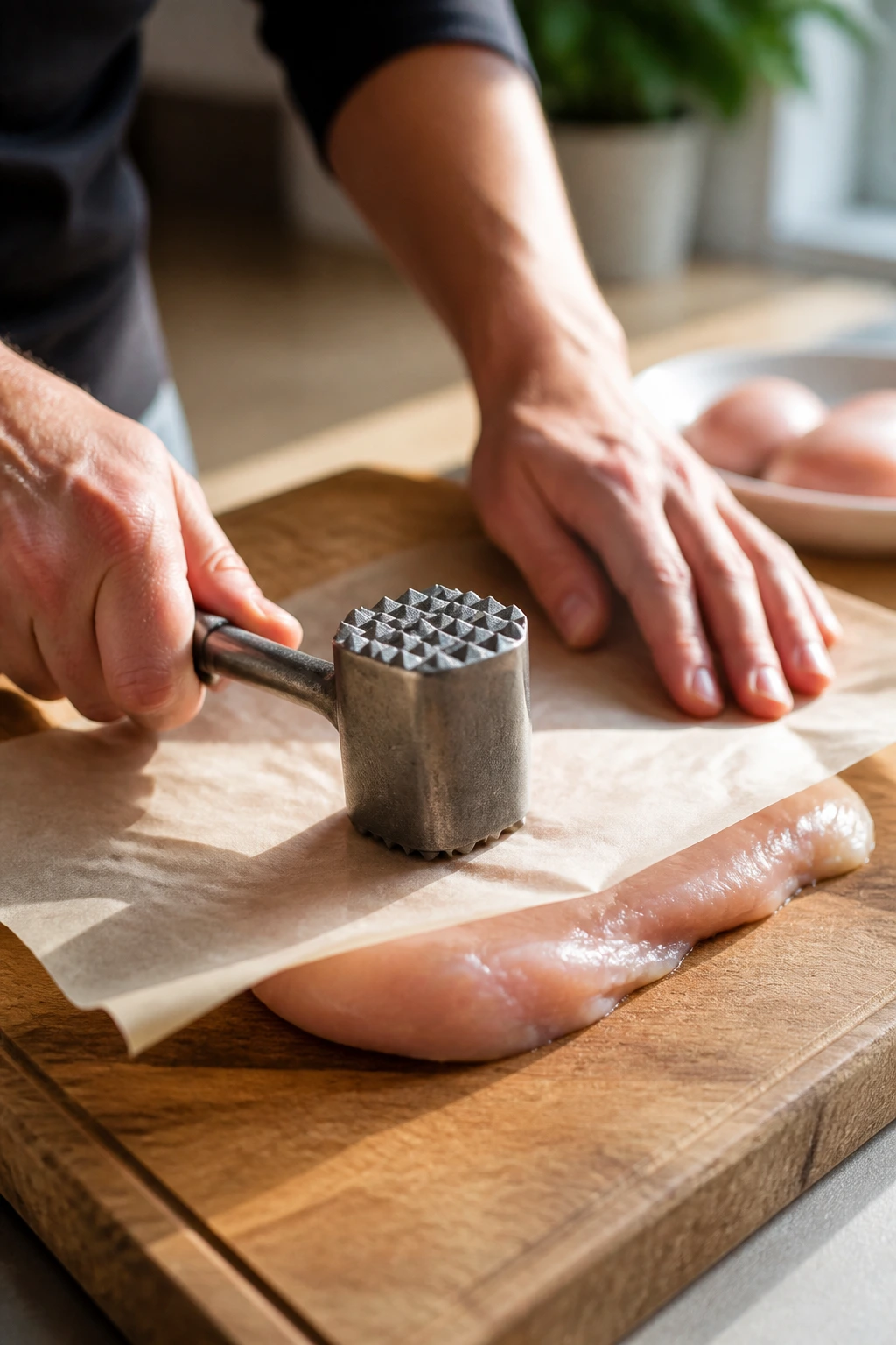Hands pounding chicken breast to even thickness on parchment