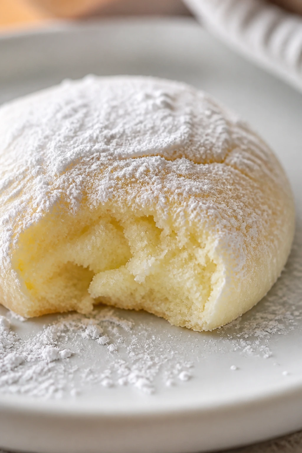 Delicate meltaway cookie with powdered sugar on a plate.