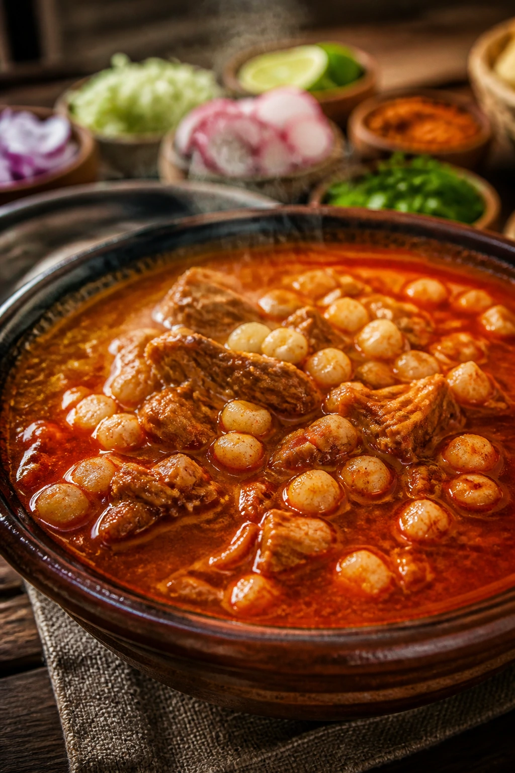 Steaming pozole rojo with hominy in red chile broth