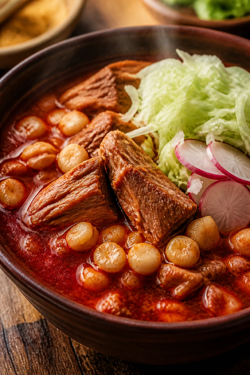 Pozole Rojo soup with pork and hominy in a rustic bowl, rich red broth
