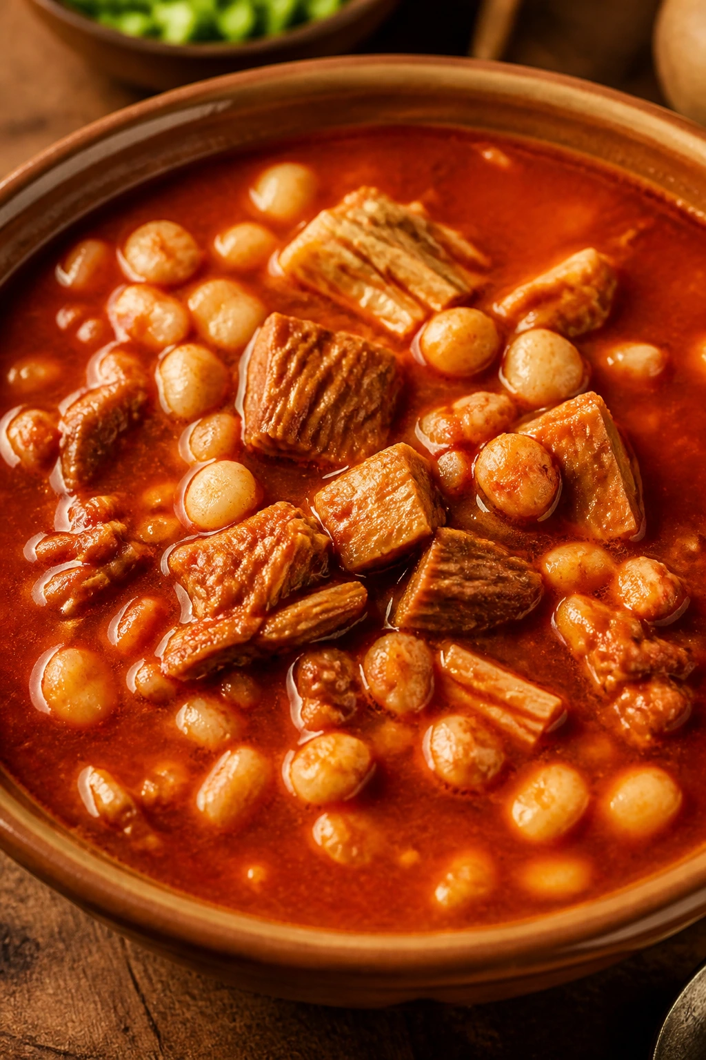 Pozole Rojo with hominy and pork in red broth
