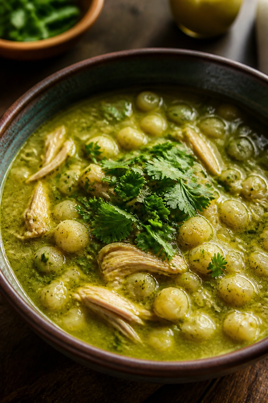 Close-up of Pozole Verde with green hominy and cilantro