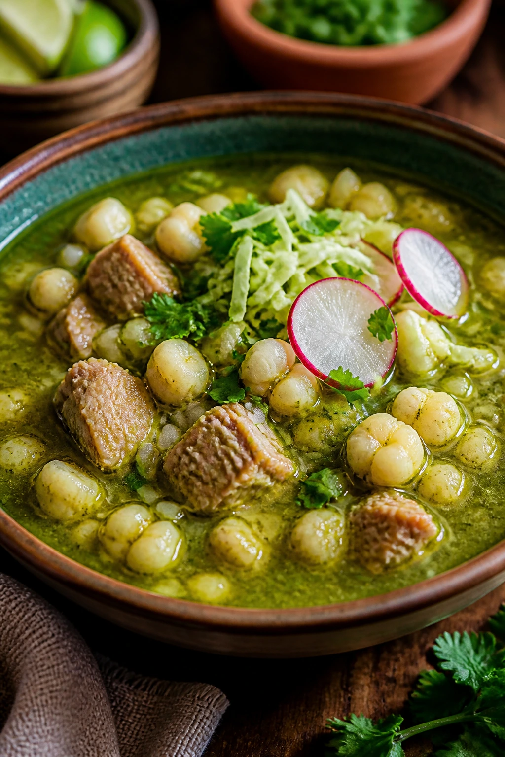 Bright green pozole verde with hominy and pork in a bowl in a home kitchen
