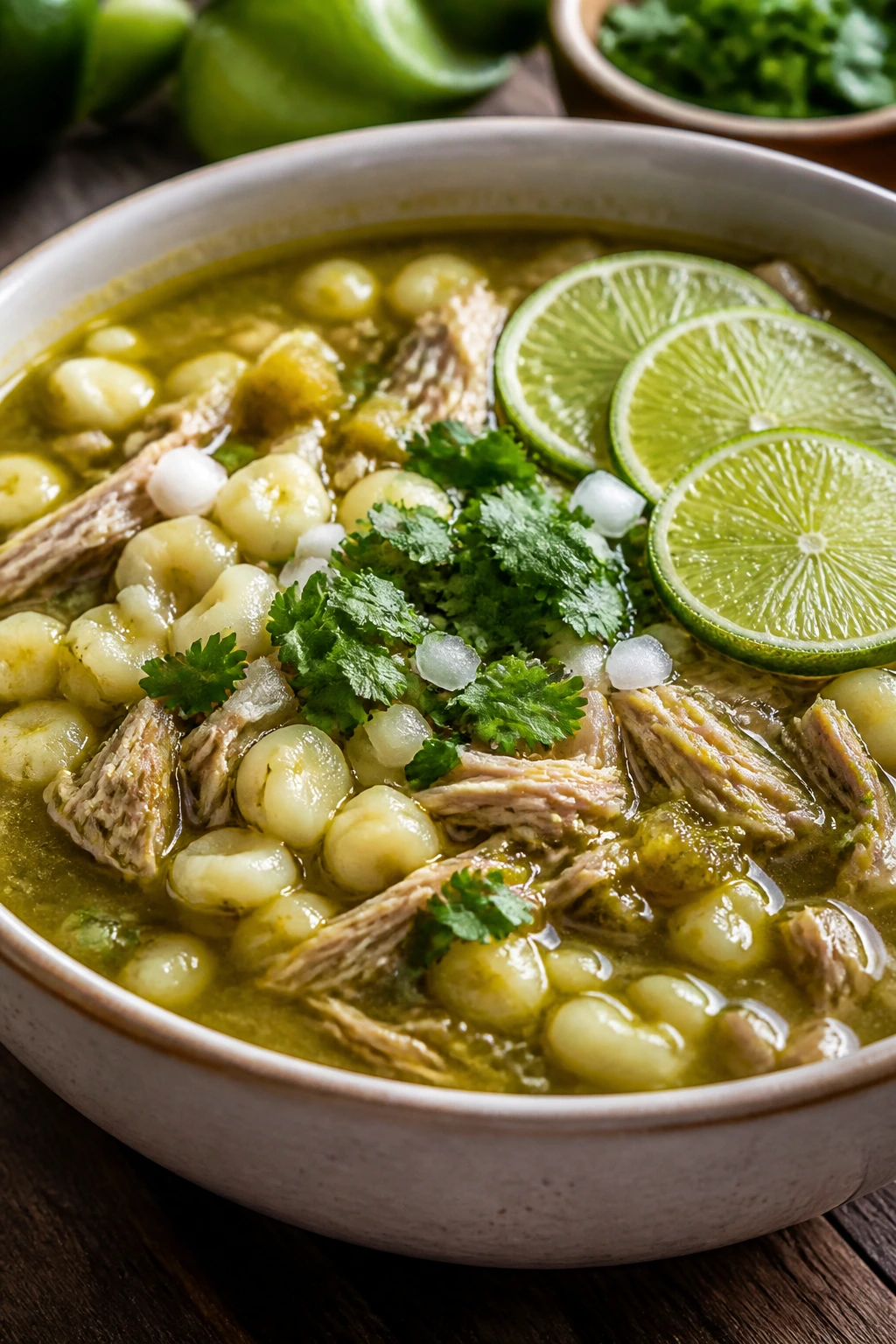 Vibrant pozole verde with pork and hominy in a bowl, garnished with lime and cilantro