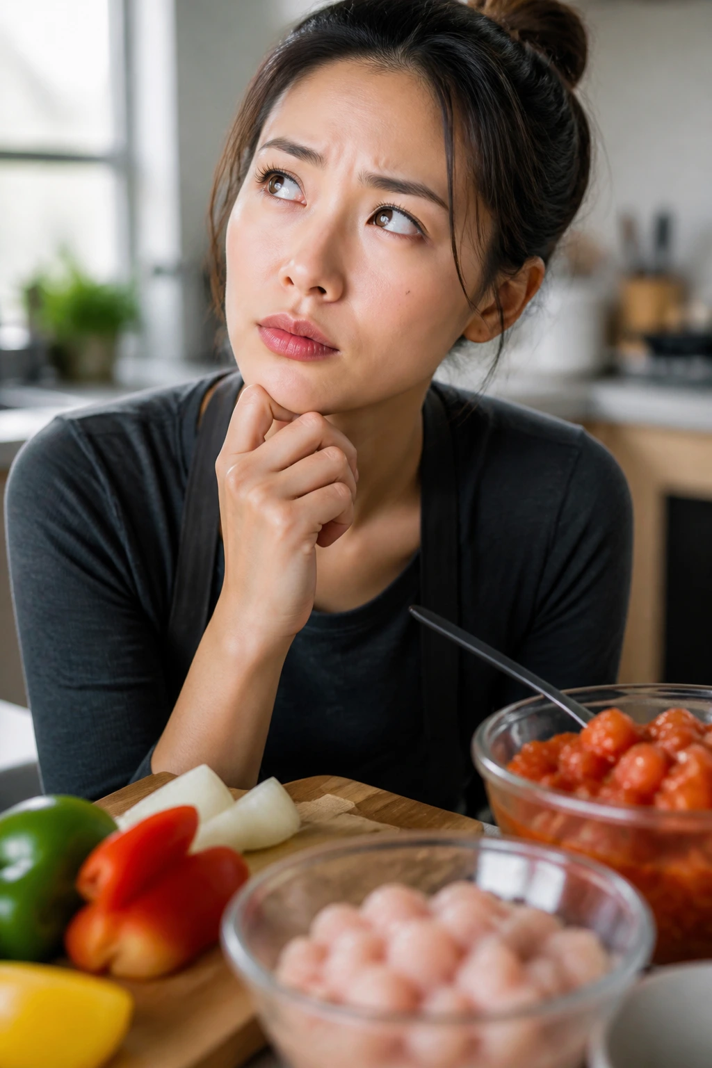 Portrait of a real person thinking in a bright kitchen before cooking