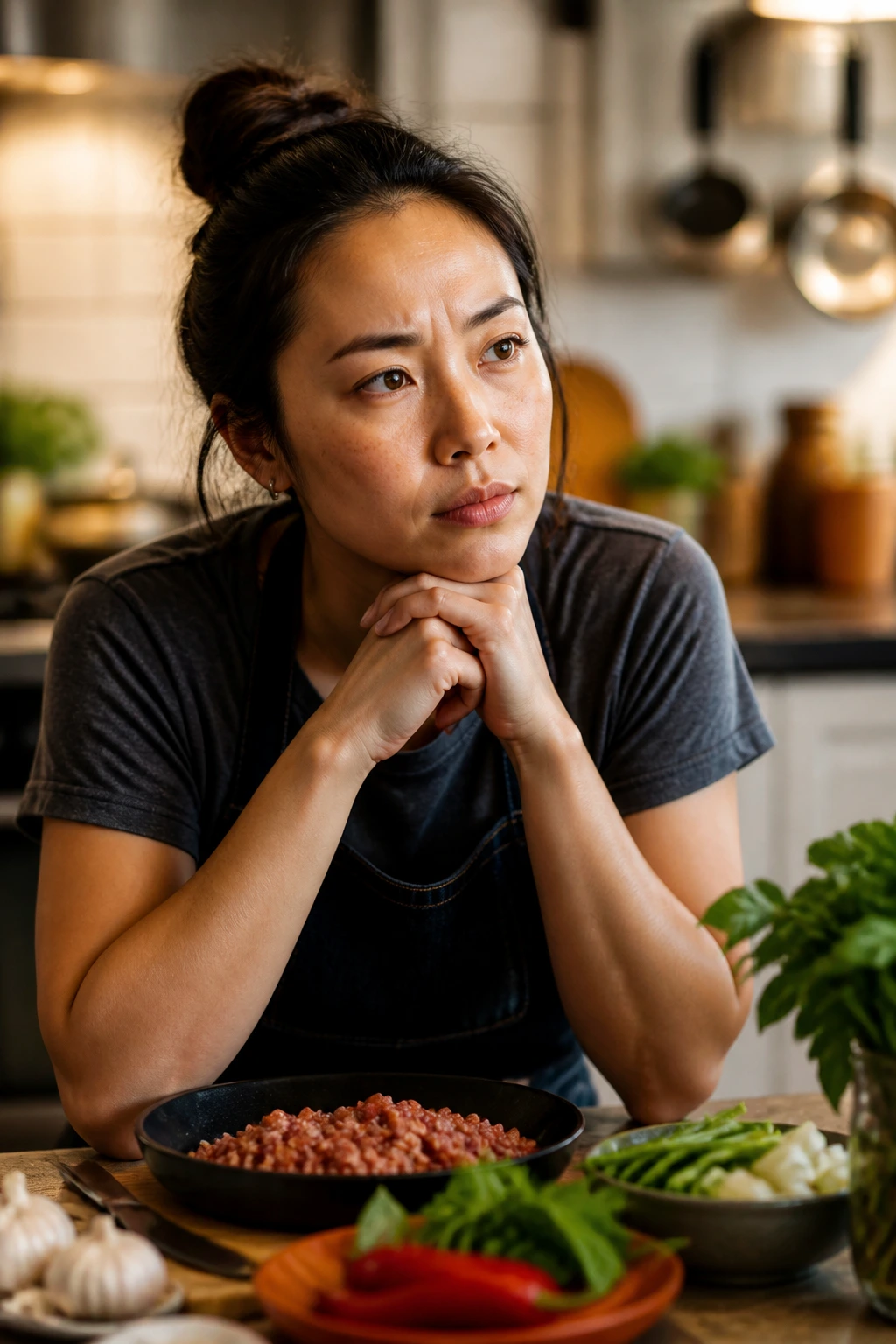 Close-up portrait of a thoughtful home cook in a kitchen contemplating recipe questions.