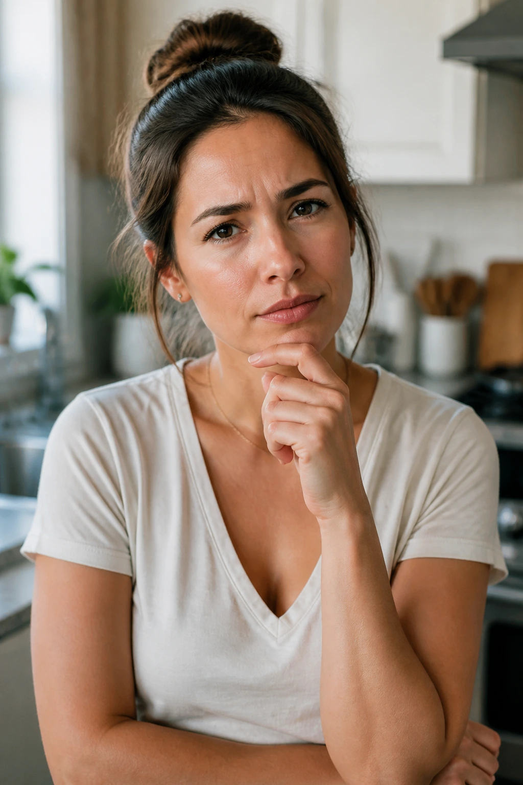 Real person in a kitchen with a thoughtful expression