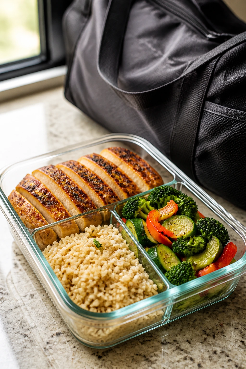 Close-up of a balanced pre-workout meal box on a kitchen counter