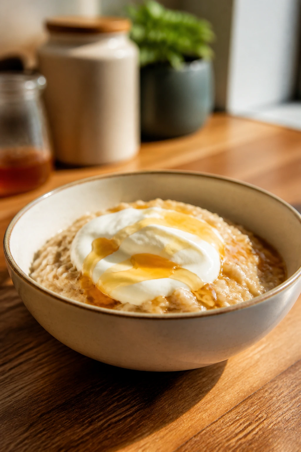 Close-up of a bowl of oats with yogurt and honey on a kitchen table