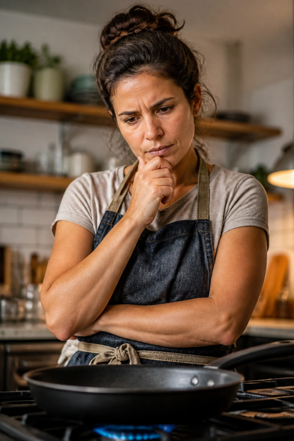 Thoughtful home cook considering questions before heating a pan in a warm kitchen