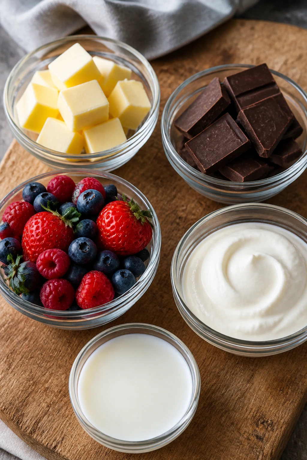 Premium ingredients arranged for smart shopping tips: butter, chocolate, berries, yogurt.