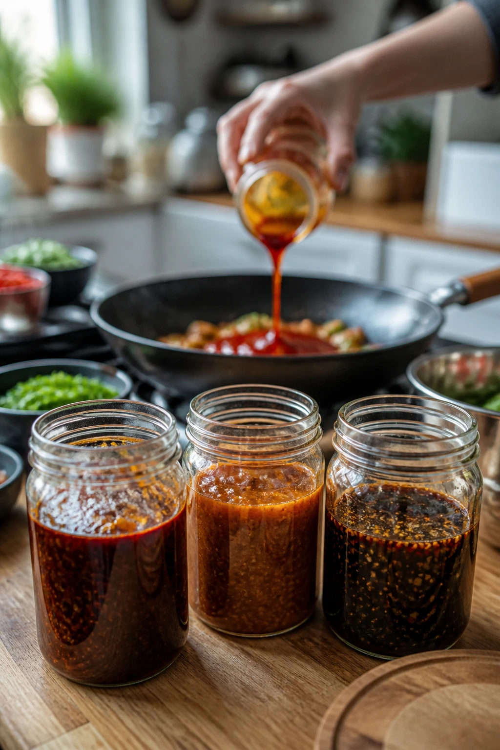 Three glass jars of sauce bases with a hand ready to pour in kitchen