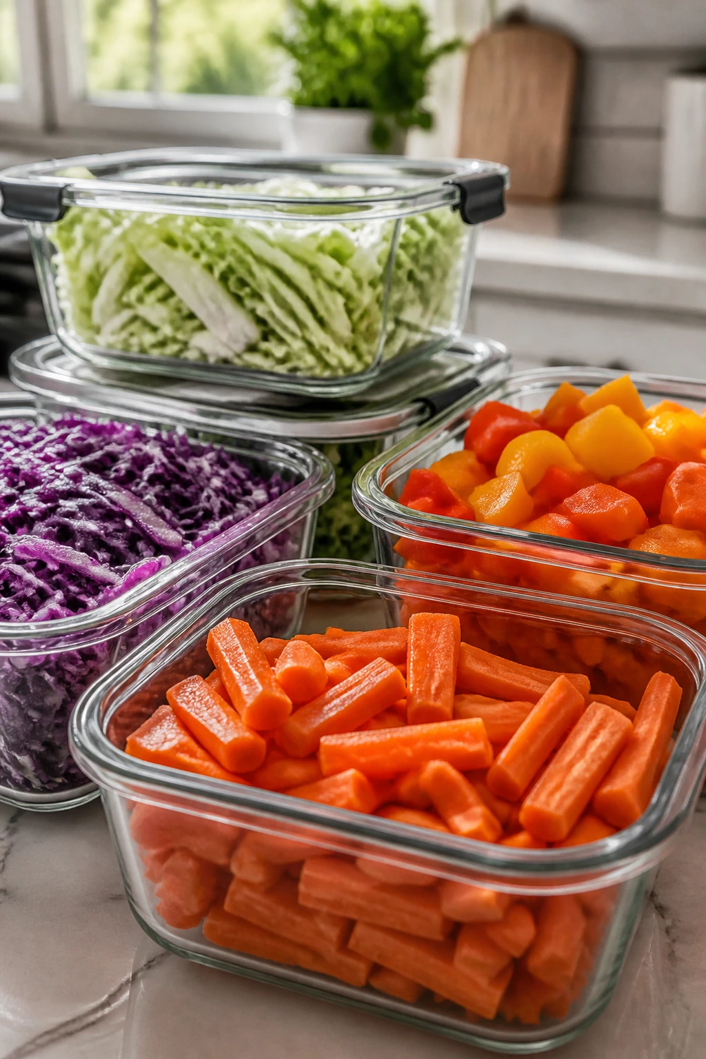 Medium close-up of chopped vegetables stored in glass containers on a counter