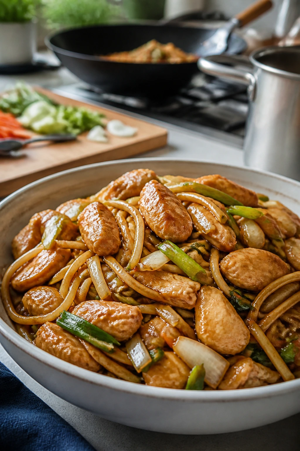 Serving bowl of chow mein on a kitchen counter with blurred prep tools