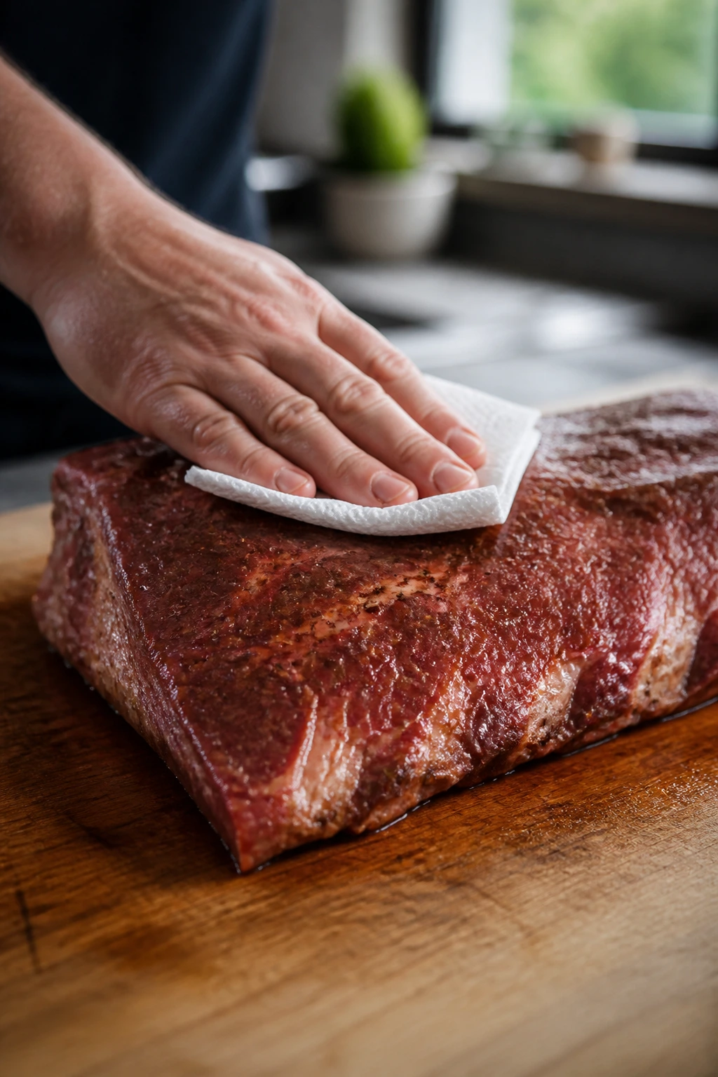 Meat surface being patted dry, showing a light tacky film for smoking