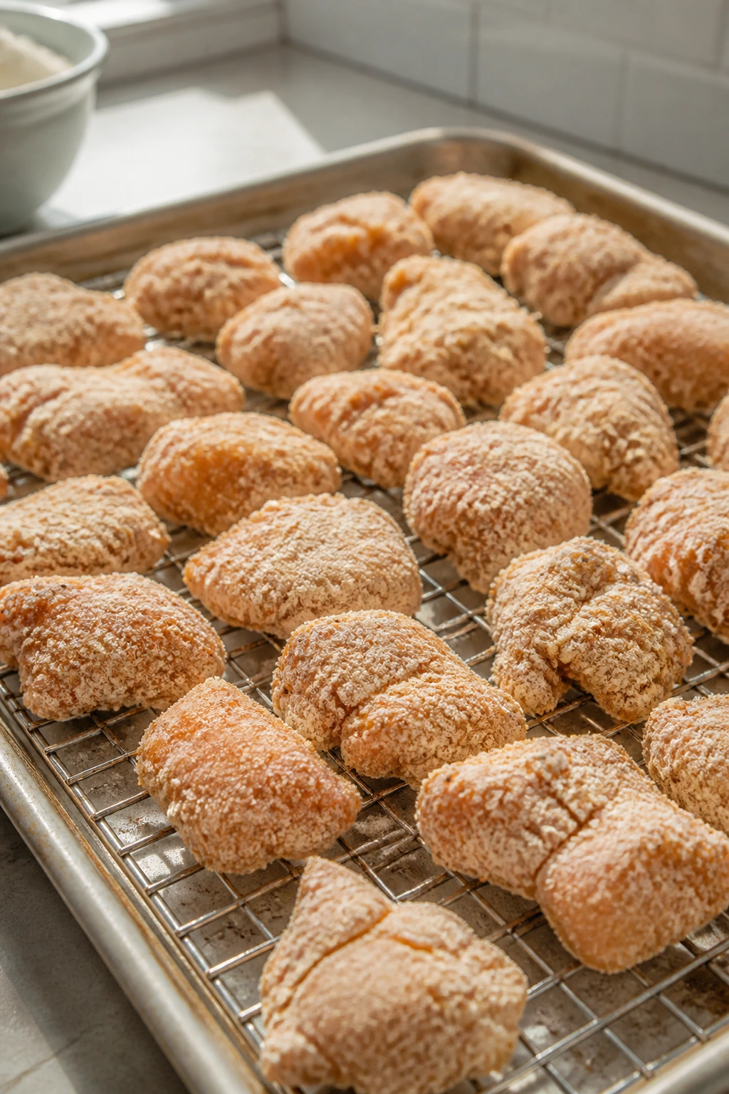 Coated chicken pieces on a wire rack in a home kitchen before frying