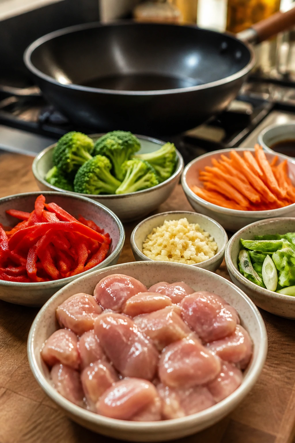 Raw chicken and chopped vegetables prepped on a counter before wok
