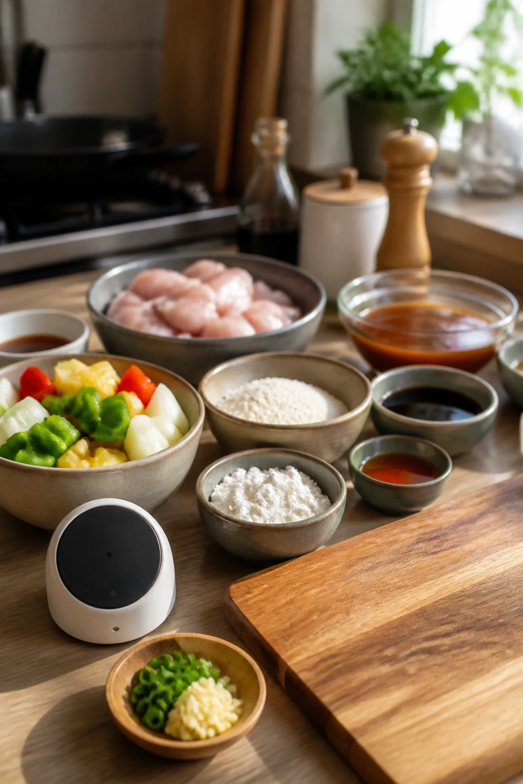 Organized kitchen prep area with bowls and numeral-free timer