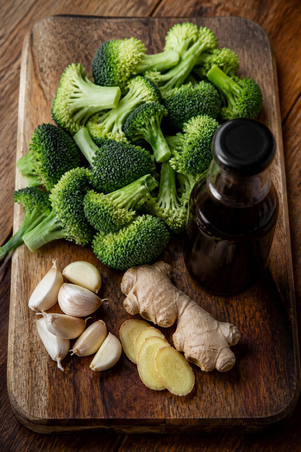 Prep board with broccoli, garlic, ginger, and unlabeled sauce bottle