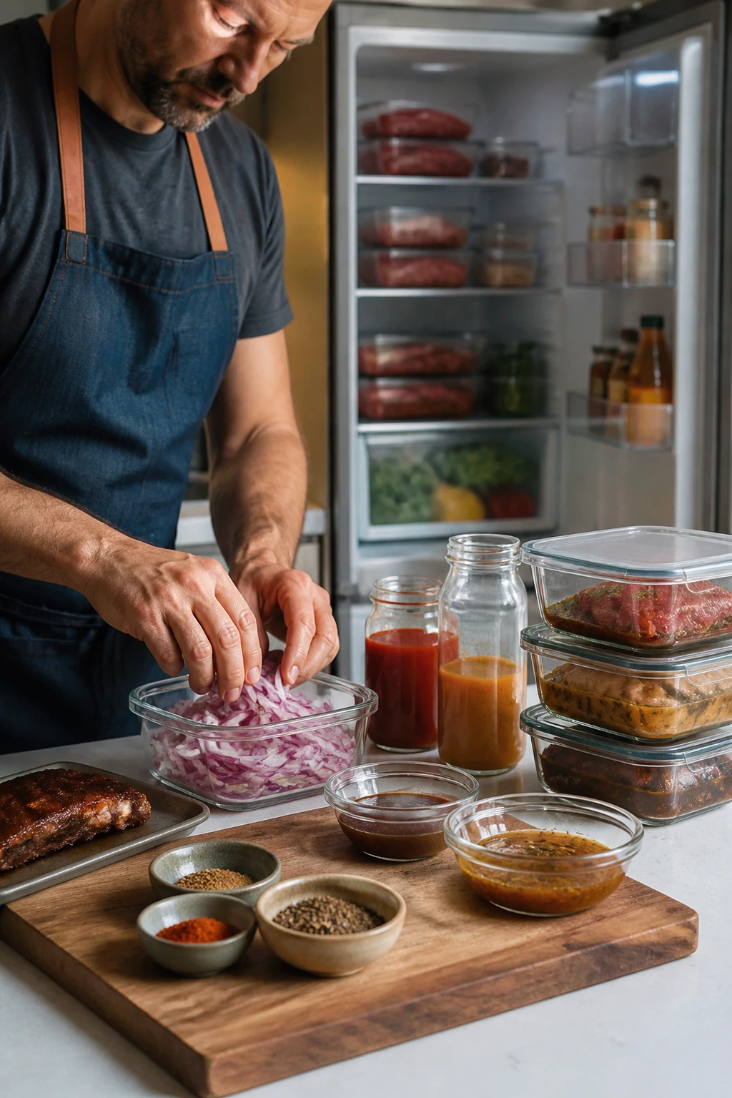 Cook prepping make-ahead sauces and rubs at a prep station with storage containers and fridge in background