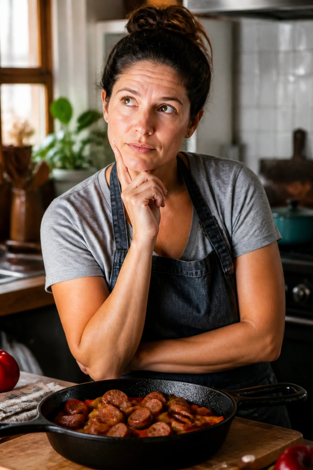 Real home cook thinking in kitchen with hands on counter